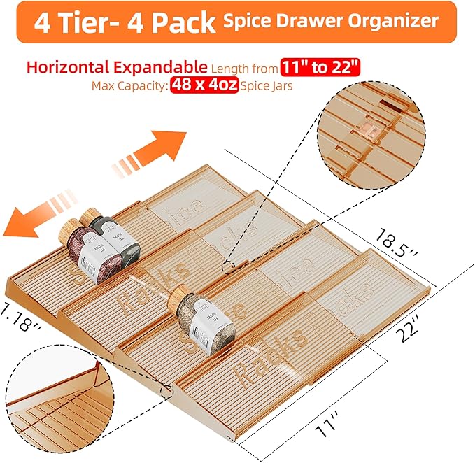 Spice Drawer Organizer, 4 Tier- 4 Pack Amber Acrylic Drawer Seasoning Organizer, Expandable From 11'' to 22'' Kitchen Spice Rack Organizers and Storage for Drawer (Jars not included)