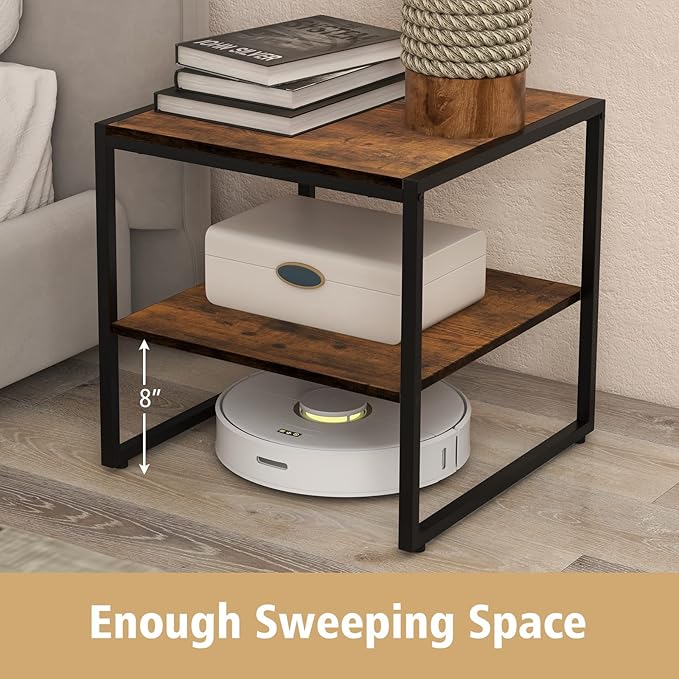 End Table Set of 2, Industrial 2-Tier Side Tables with Open Shelf, 20" Square Coffee Table with Heavy-Duty Metal Frame, Compact Tea Table Nightstand for Living Room, Bedroom, Hallway