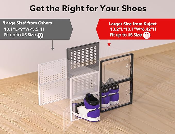 Kuject X-Large Shoe Storage Boxes Organizers Clear Plastic Stackable 12 Pack, Shoe Rack & Holder Substitute, Sneaker Containers, Toy Storage Organizer Bins for Entryway, Closet, Under Bed, Black-NeatNest