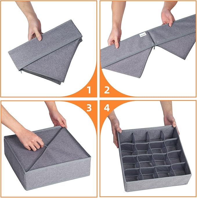Criusia 3 Pack Sock Underwear Organizer Dividers, 64 Cell Drawer Fabric Foldable Cabinet Closet Storage Boxes for Storing Socks, Underwear, Ties (16+24+24 Cell, Gray)-NeatNest