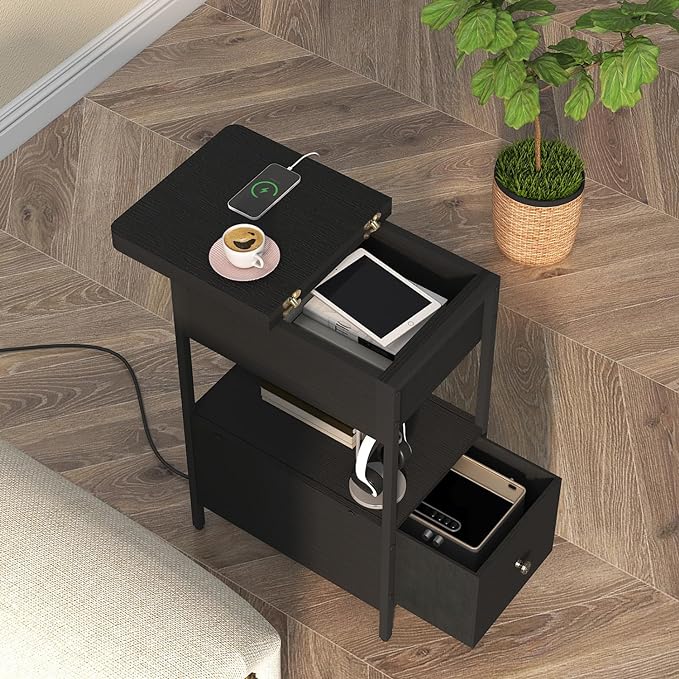 SOOWERY End Table with Charging Station, Narrow Side Table with Flip Top Cabinet and Fabric Drawer, Nightstand Bedside Tables for Small Spaces, Bedroom, Living Room, Black