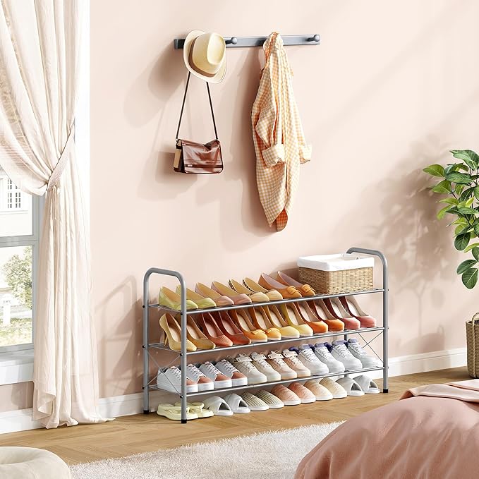 Hoctieon 3 Tier Mesh Style Shoe Rack, Entryway Shoe Shelf, Shoe Storage Organizer, Shoe Rack for Closet, Space Save for Bathroom, Garage, Hallway, Bedroom, Living Room, Grey-NeatNest