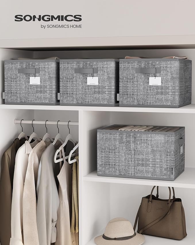 SONGMICS Storage Baskets, Set of 3 Fabric Storage Bins, 15.7 x 11.8 x 9.5 Inches, Foldable Closet Organizer for Shelves, 2 Handles, Label Holders, for Bedroom, Living Room, Cattail Gray UROB440G01