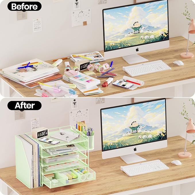 Desk Organizers and Accessories, 5-Tier Paper File Organizer with Drawer & Pen Holder, Office Desk Accessories Workspace Desktop Organizer for Office Supplies((Green)-NeatNest