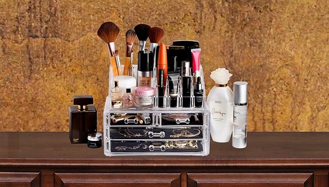 Masirs Clear Makeup Organizer – 16-Compartment Cosmetic and Jewelry Holder, 4-Drawer Vanity Storage, Elegant Clear Design for Makeup and Accessories-NeatNest