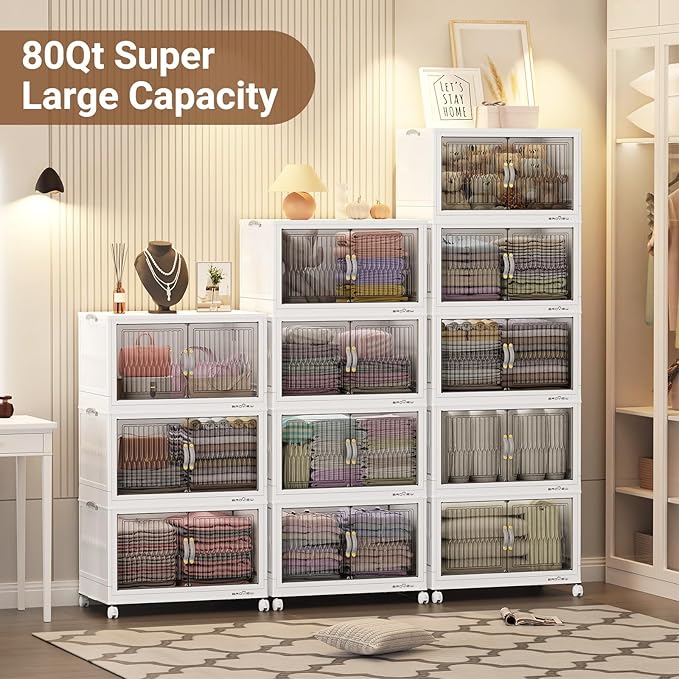 320Qt Stackable Storage Bins with Lid, Extra Large Closet Organizer Collapsible Drawer Boxes with Wheels, Folding Plastic Cabinet Containers for Home Kitchen Room Organization, 4Pack White