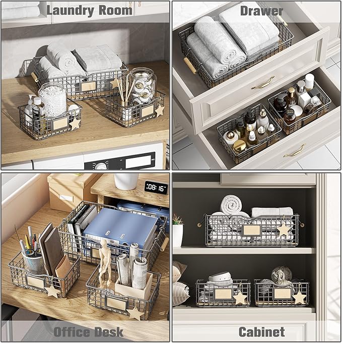 Bathroom Tray Organizers and Storage, 3 Pack Storage Baskets with Wooden Handles, Multipurpose for Bathroom, Coffee Bar, Kitchen cabinet, Living Room - Grey-NeatNest