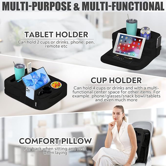 Couch Cup Holder Tray Pillow - Bed, Couch Caddy, Sofa, RV & Car - Holds Drinks, Snacks, Remotes, Phones, Kindle, Tablet | Bed Cup Holder (Black)-NeatNest