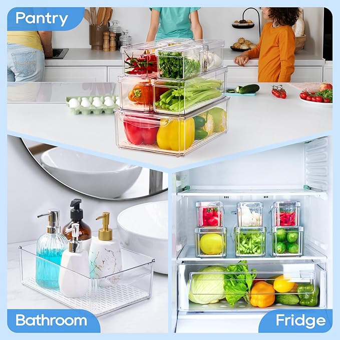 JollyPack 14 Pack Fridge Organizers, Refrigerator Organizer Bins with Lids, BPA Free Stackable Fruit Storage Containers for Fridge, Vegetables, Food and Drinks