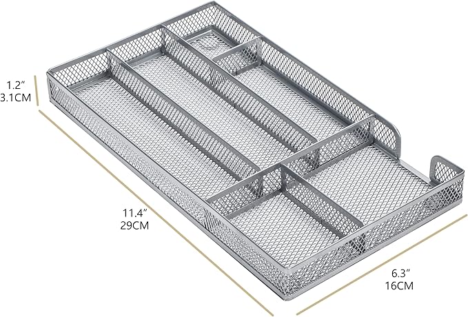Annova Desk Drawer Organizer Tray for Office Organization - Metal Mesh - Storage Tray with Dividers for Pens, Desktop Accessories, Bathroom, Kitchen, Makeup and Office Supplies (Small, Silver)-NeatNest