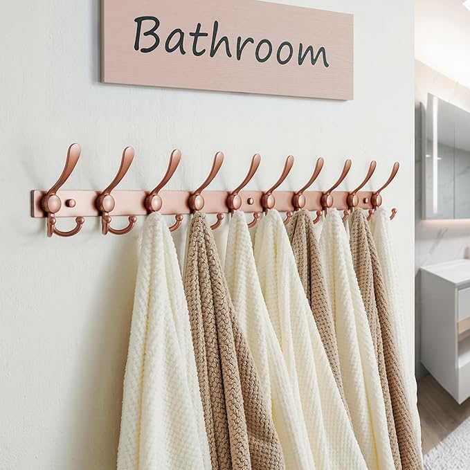 Dseap MaxStrong 2.0 Coat Rack Wall - 37” Long 10 Tri Hooks - Ultra Heavy-Duty Stainless Steel Wall Mount Coat Hanger, Hook Rail for Clothes Hats Jacket Towels Rose Gold, Pack of 2
