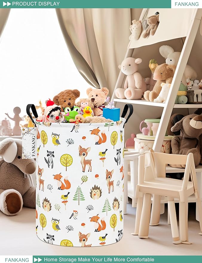 FANKANG Storage Basket, Nursery Hamper Canvas Laundry Basket Foldable with Waterproof PE Coating Large Storage Baskets for Kids Boys and Girls, Office, Bedroom, Clothes,Toys(deer)