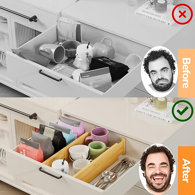BAMEOS 4" High Drawer Dividers Bamboo Separators Organization Expandable Organizers for Kitchen Bedroom Bathroom Dresser Office 4-pack-NeatNest
