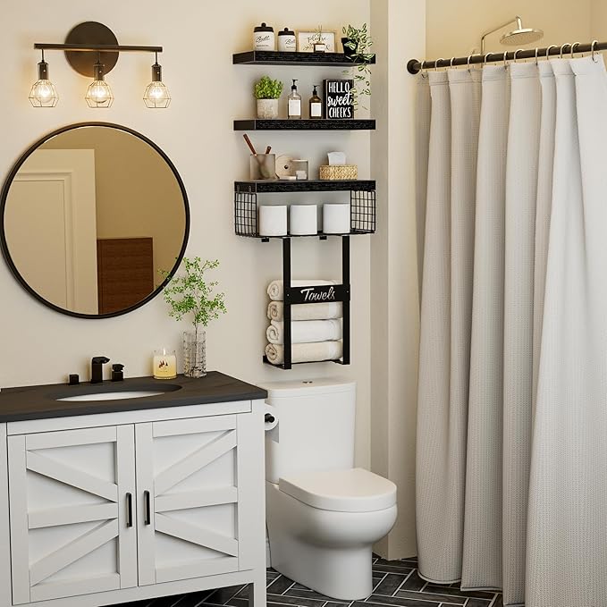 Bathroom Shelves Over Toilet - Floating Shelf for Wall Above Toilet Towels Holder Small Farmhouse Decor Shelves (15.7 inch, Set of 3, Black)-NeatNest