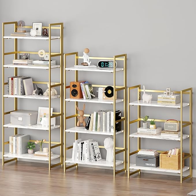 BHG No Assembly Folding Bookshelf for Living Room, 5 Tier Gold Collapsible Book Shelf for Home Office, Portable Bookcase Storage Organizer-NeatNest