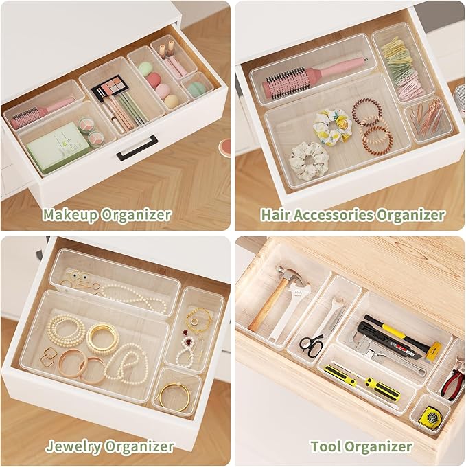 10 PCS Clear Drawer Organizer Set, 4 Sizes Plastic Makeup Organizer Trays with Non-Slip Silicone Pads, Desk Organization and Storage Bins for Vanity, Bathroom, Office, Kitchen, Fridge, School-NeatNest