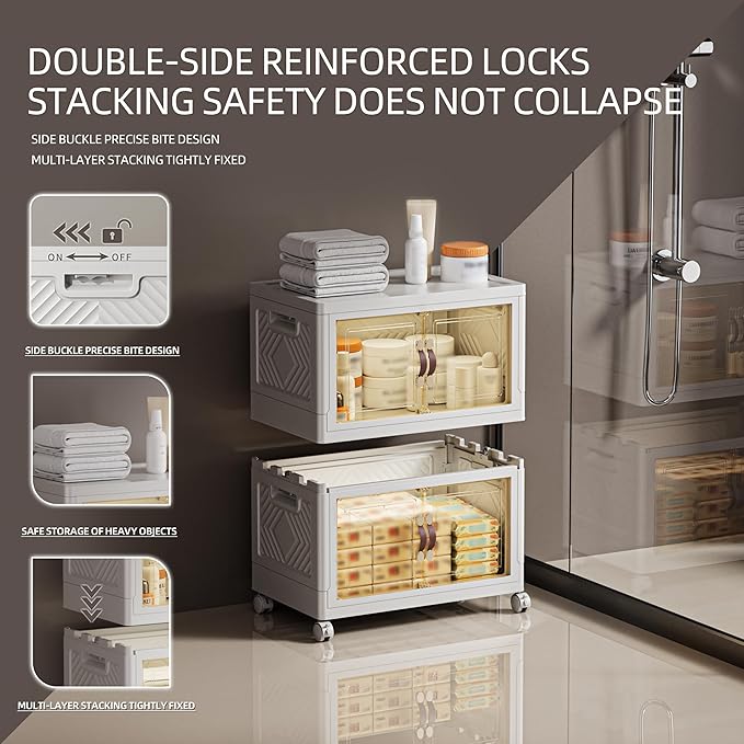 132 QT / 33 Gal White Storage Bins with 1 Lid - Collapsible Stackable Cabinet Organizer w/Wheels & Magnetic Doors, Plastic Storage Box for Office Closet Organization-NeatNest