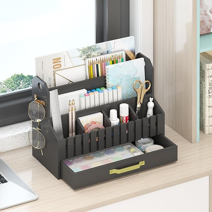 Bamboo Mail Organizer Countertop with Drawers, Wood Desk File Organizer Desktop Paper Organization Storage Bill & Letter Sorter Holder for School Home Office Supplies, No Assembly Required (Black)-NeatNest