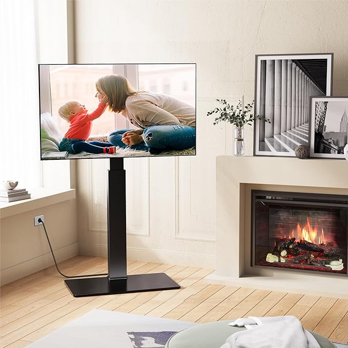 FITUEYES Floor TV Stand for 32-75 inch TV with Power Outlet, Tall TV Stand for Bedroom Living Room with Tempered Glass Base, Floor TV Mount Holds Up to 88lbs MAX VESA 600x400mm,Black-NeatNest