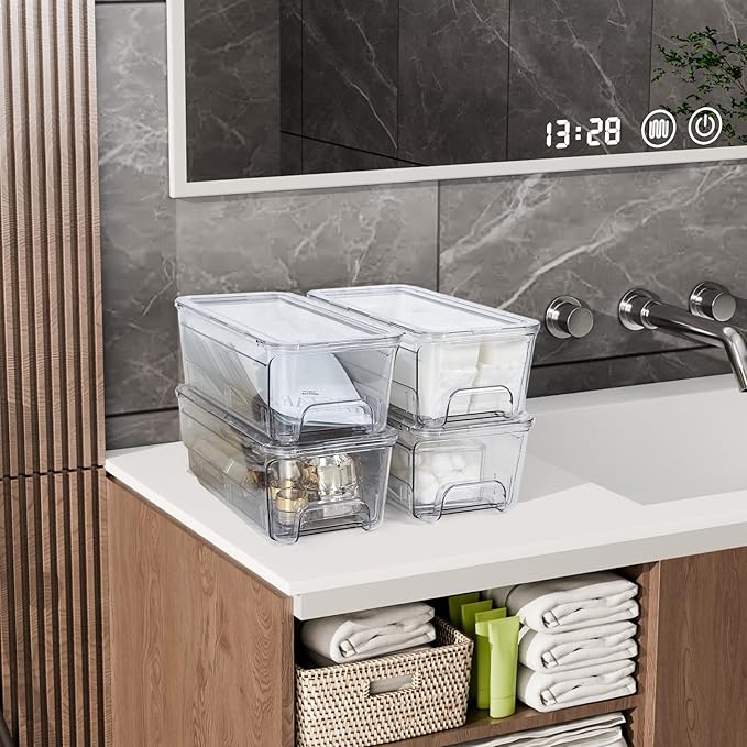 Acrylic Stackable Storage Drawers, 4Pack Clear Vanity Tool Makeup Organizer, 12"D*6.2"W*4.3"H Plastic Drawer Bathroom Storage and Organization, Desk Medicine Cabinet Bins Baby Bottle Organizer