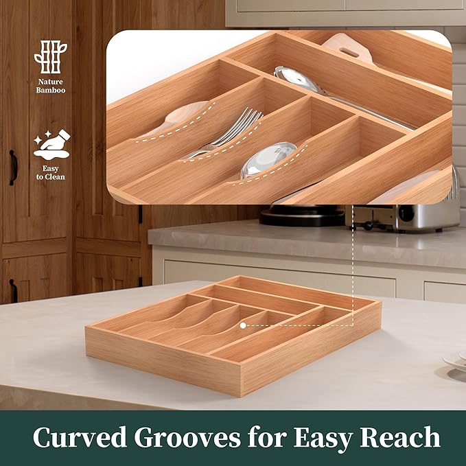 Bamboo Silverware Organizer, Kitchen Drawer Organizer, Utensil Holder, Cutlery Tray & Spoon Flatware Storage with Grooved Drawer Dividers (7 Slots, Natural)-NeatNest