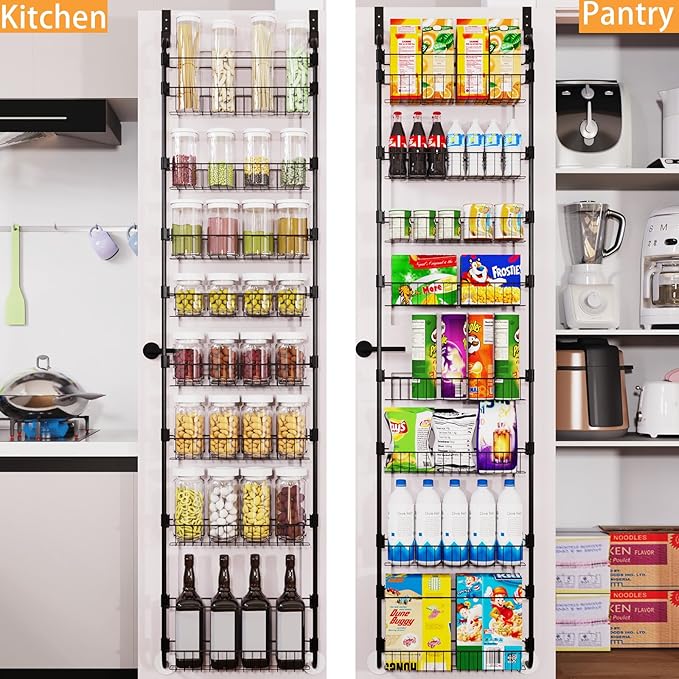 Over The Door Pantry Organizers, Pantry Door Organizer and Storage with Adjustable Baskets,Heavy-Duty Metal Spice Rack,Over The Door Organizers for Kitchen,Bathroom (Black, 8tier)