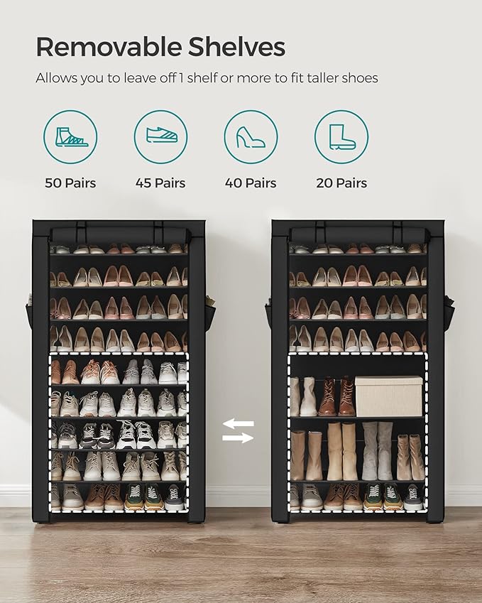 SONGMICS Shoe Rack with Non-Woven Fabric Cover, 9 Tier Storage Shelf for 40-50 Pairs of Shoes, Entryway, Suitable for Sneakers, High Heels, Flats, and Boots, Black URXJ36HV1-NeatNest
