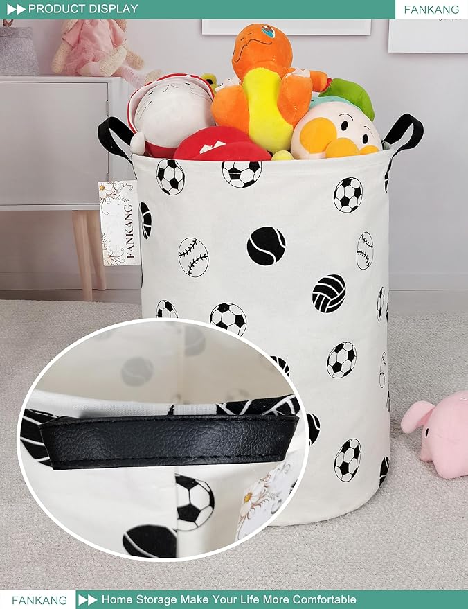 FANKANG Storage Basket, Nursery Hamper Canvas Laundry Basket Foldable with Waterproof PE Coating Large Storage Baskets for Kids Boys and Girls, Office, Bedroom, Clothes,Toys(Football)