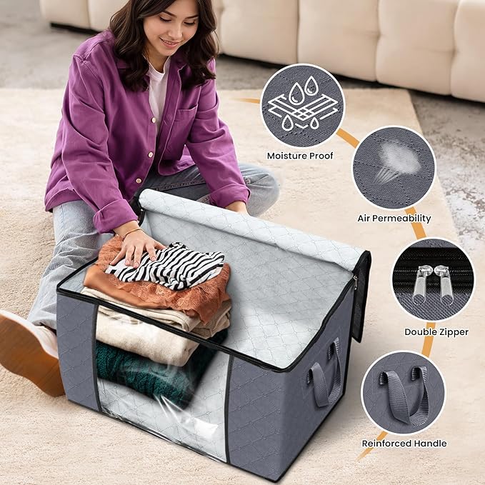 Fab totes 90L Clothes Storage, Foldable Thick Fabric Blanket Storage Bags, Containers for Organizing Bedroom, Closet, Clothing, Comforter, Organization with Handle (8 Pack,Grey)-NeatNest