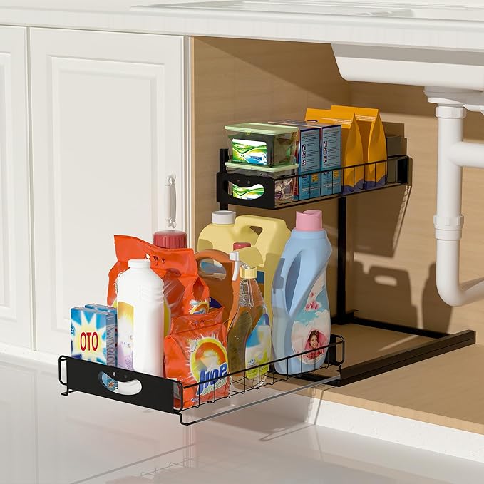Under Sink Organizer with Pull-Out Drawers,Kitchen Sink Organizer,2 Tier Bathroom Organizers And Storage,Bathroom Accessories Set,Black 1 Pack-NeatNest