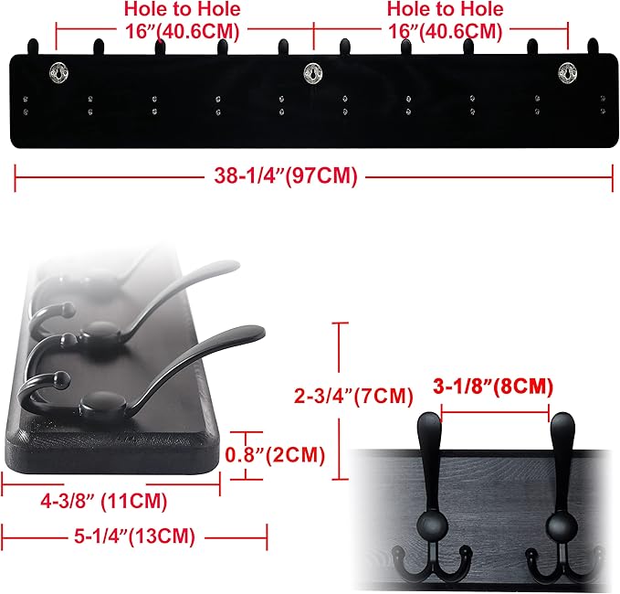 Dseap Coat Rack Wall Mounted - 10 Tri Hooks, 38-1/4" Long, Heavy Duty Wooden Wall Coat Hanger Coat Hook for Clothes Hat Jacket Clothing, Black, Pack of 2