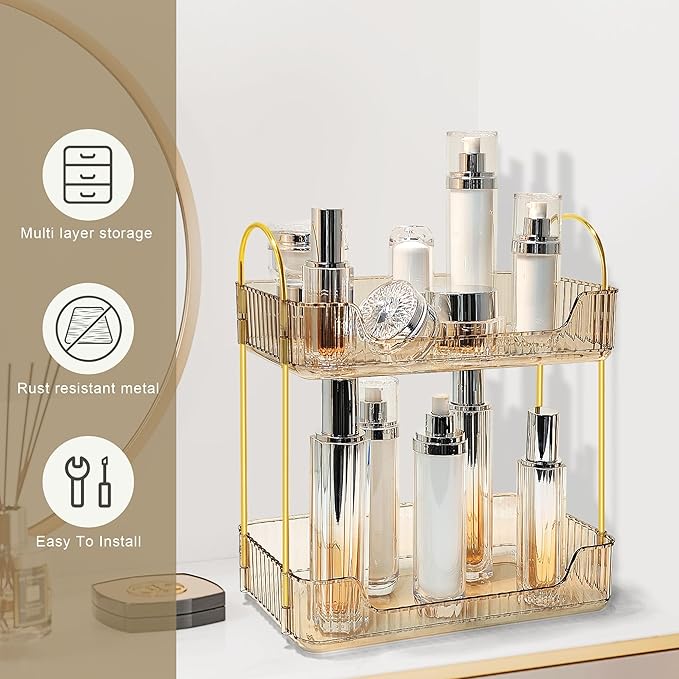 Bathroom Counter Organizer Countertop Storage Skincare Countertop Makeup Organizer Cosmetics Skincare Organizers Holder for Perfume-Amber-golden pole-NeatNest
