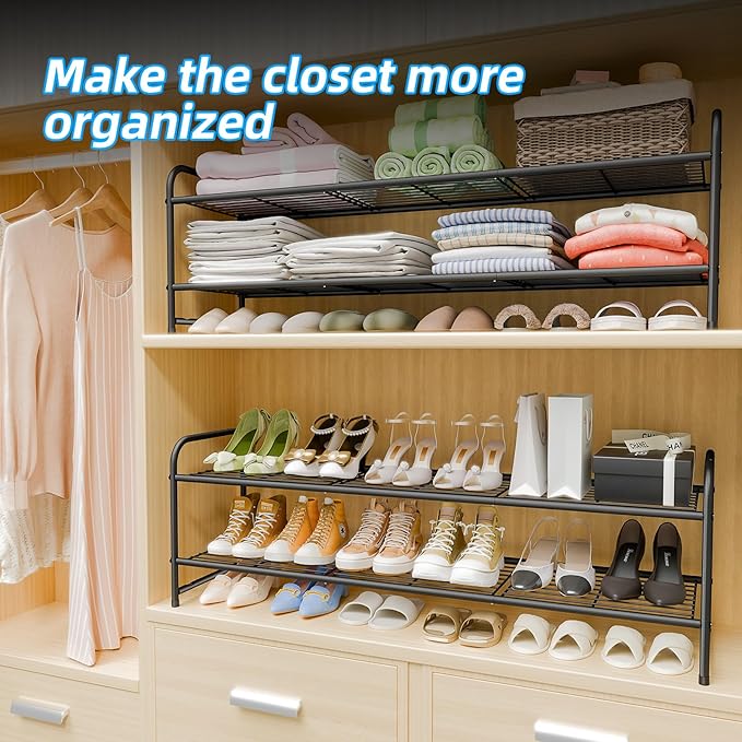 2 Tier Shoe Rack for Closet, 44 Inch Extra Long Shoe Storage Organizer for Shelves, Heavy Duty Metal, Easy Assembly, Black-NeatNest
