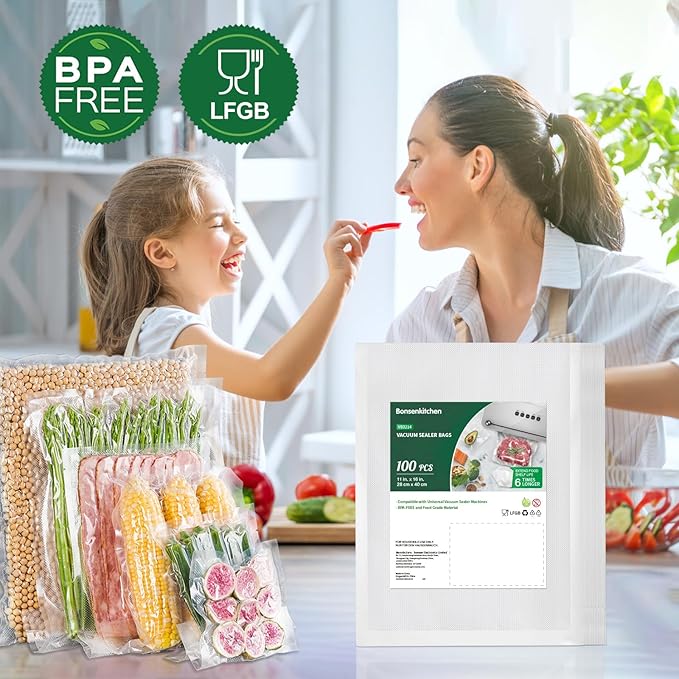 Bonsenkitchen Precut Vacuum Sealer Bags, 100 Gallon 11" x 16" Food Sealer Bags, Food Grade, BPA Free, Heavy Duty, Customized Vacuum Bags for Vac Storage, Meal Prep or Sous Vide Cooking, VB3214-NeatNest