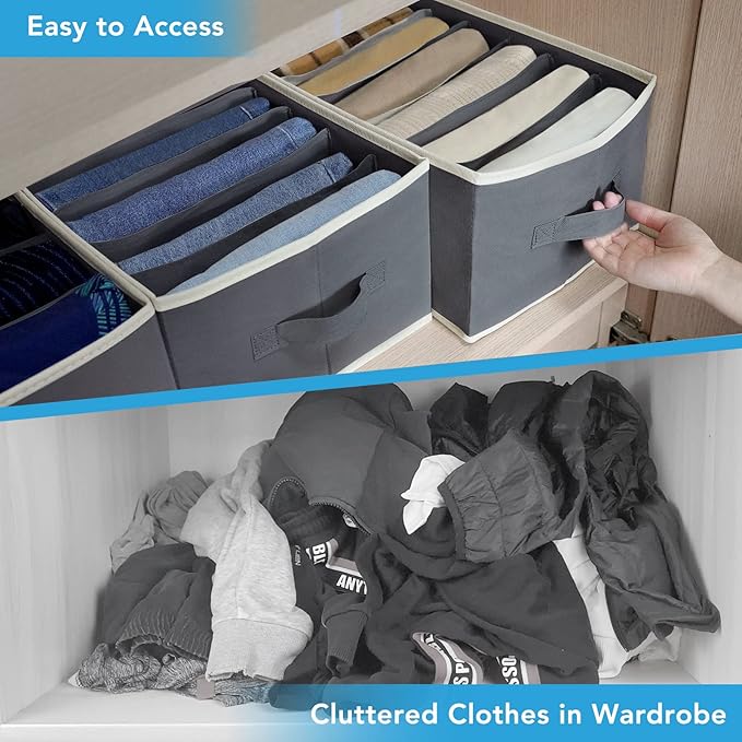 3 Pcs Large Size Wardrobe Clothes Organizers 6 Grids for Pants, Jeans, Sweater, T-shirt, Dress Stackable Closet Drawer Organizer Storage Bin Container with Sturdy Handles, Dark Grey-NeatNest