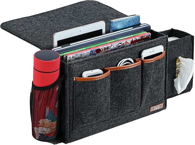Bedside Caddy, Large Size Storage Organizer - Bedside Organizer for Magazine, Remotes, Phone (13.4'' x 18.1'' Tissue Box Holder, Dark Grey)-NeatNest
