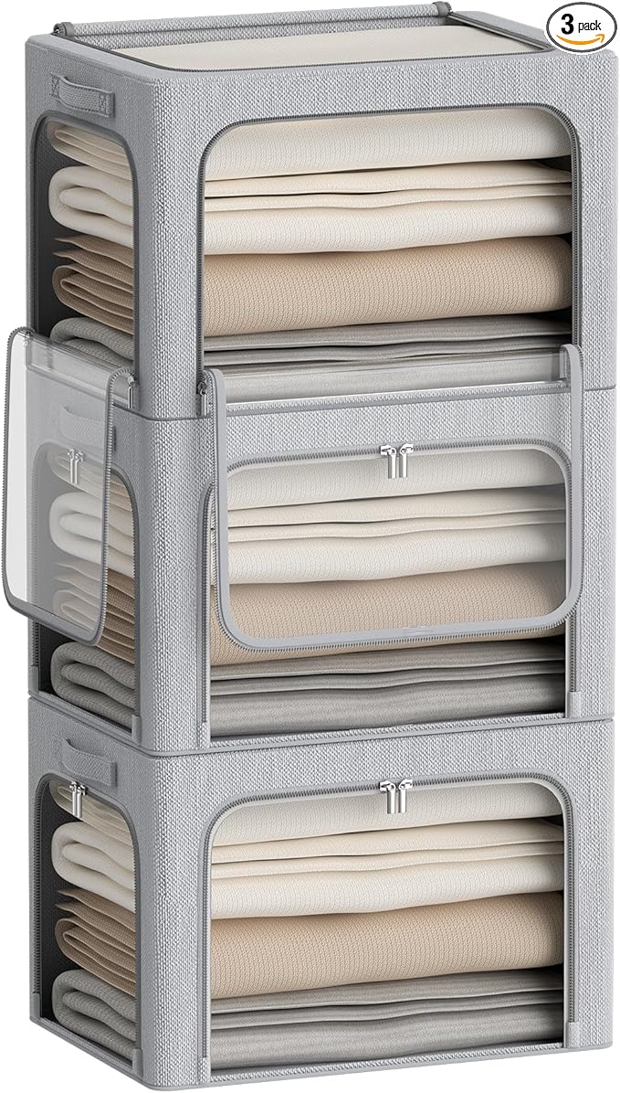 3 Openings Clothes Storage Bins Box - 3Pack Stackable Foldable Storage Bin - Metal Frame Storage Box Clothing Storage Organizer with Clear Window, Carry Handles (66L-19.7x15.7x13in, Light Grey)-NeatNest