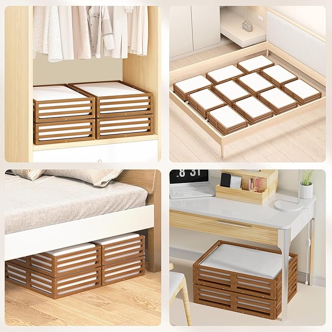 Bamboo Under Bed Storage Containers- Underbed Organizer with Wheels with Large Dust Bag,Sturdy Wood Rolling Under the Bed Shoe Storage Organizer Drawer 2 Packs (Walnut, Small)-NeatNest
