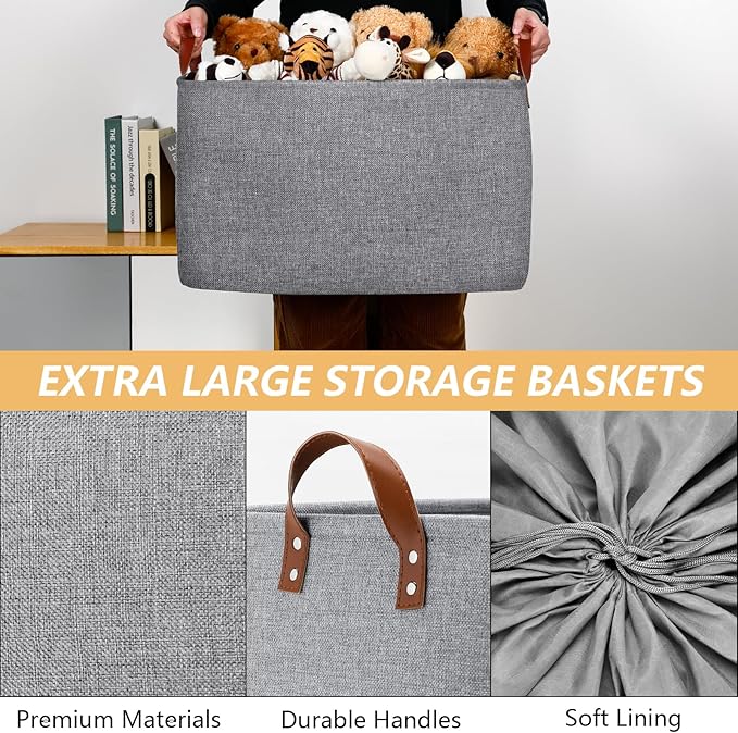 DULLEMELO Extra Large Grey Basket for Organizing, Collapsible Fabric Storage Basket with Handles, 70L Oversized Storage Bin, Large Closet Toys Blanket Organizer for Living Room, Laundry, Nursery-NeatNest