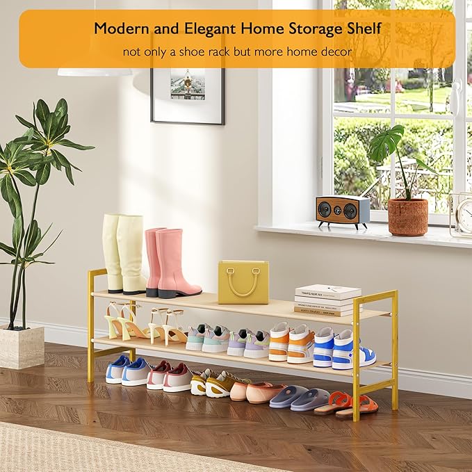 Long Shoe Rack for Closet Floor,2 Tier Wide Shoes Shelf Organizer,15-18 Pairs Bamboo Low Closet Shoe Stand Holders,Modern Sturdy Shoe Storage Rack for Entryway,49” x 11” x 17”-NeatNest