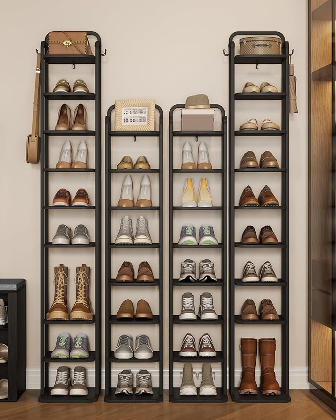 Vertical Shoe Rack, Shoe Shelves, Wood Shoe Organizer for Closet, Entryway, Shoe Tower for Small Spaces, Free Standing, Adjustable, with 2 Hooks, 10 Tier Black SR11204B-NeatNest