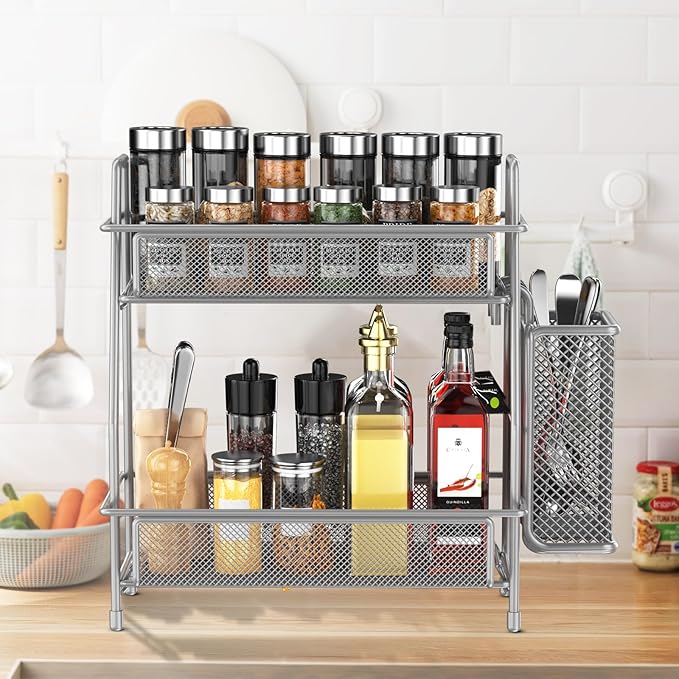 LEMIKKLE Spice Rack Organizer for Kitchen Counter, Spices Organizer and Storage Seasoning Organizer for Cabinet, Kitchen Metal Countertop Organizer with Side Basket (Grey)-NeatNest