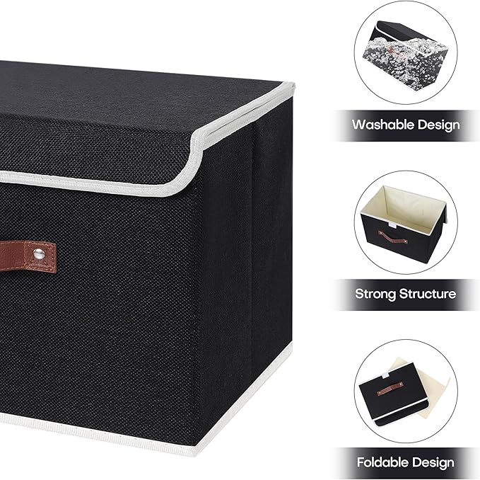 ANMINY 4PCS Storage Bins with Lid PU Leather Handles Storage Boxes PP Plastic Board Decorative Foldable Lidded Cotton Linen Fabric Home Cubes Baskets Closet Organizer Containers - Black, Large Size-NeatNest