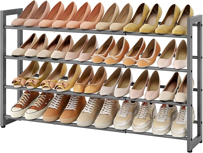FAVOOSTY 4-Tier Expandable Shoe Rack, Adjustable Shoe Shelf Storage Organizer Space Saving Metal Free Standing Shoe Rack for Entryway Closet Doorway, Silver Grey-NeatNest