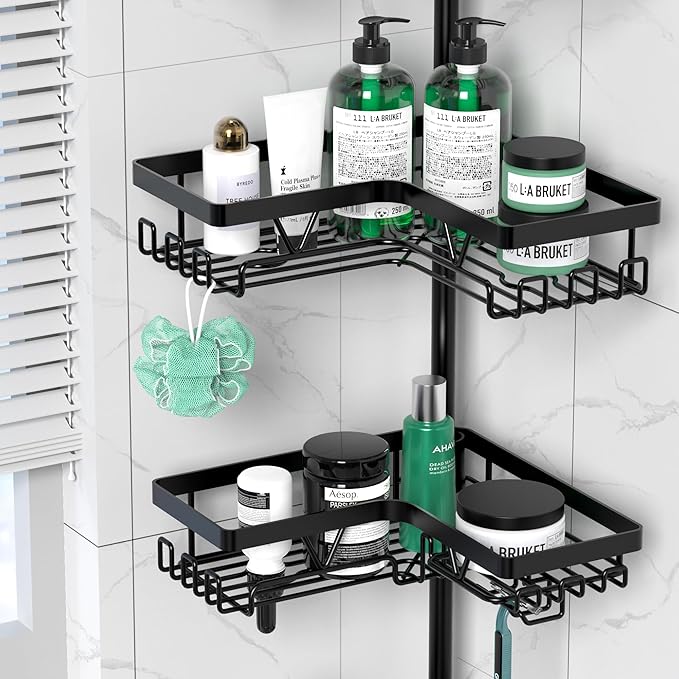 Tension Pole Shower Caddy Corner - 4 Tier Floor to Ceiling Bathroom Shower Organizer 25-112.4 inch Adjustable, Multiple Hooks, 2 Extra Soap Holders, Stable Base, Rustproof, Black