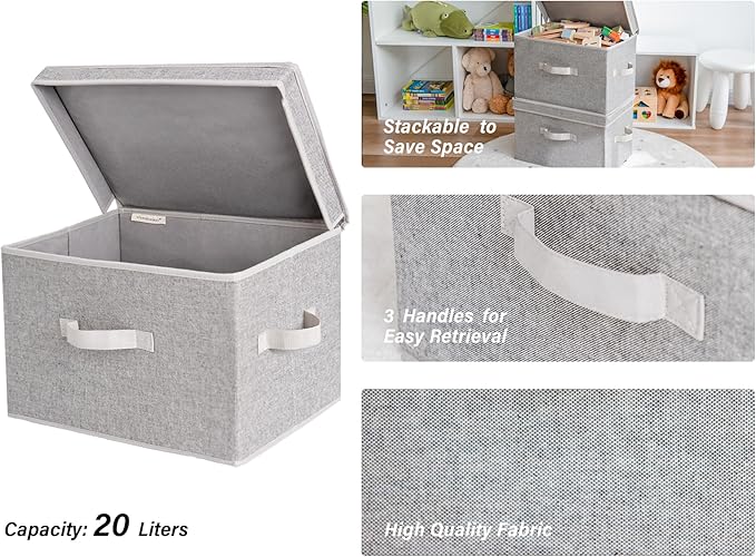StorageWorks Fabric Storage Bins with Lid, Decorative Storage Boxes for Shelves, Stackable Closet Organizer Basket with Handles, Large, Gray, 2-Pack-NeatNest