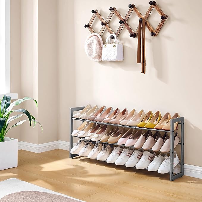 FAVOOSTY 3-Tier Expandable Shoe Rack, Adjustable Shoe Shelf Storage Organizer Space Saving Metal Free Standing Shoe Rack for Entryway Closet Doorway, Silver Grey-NeatNest