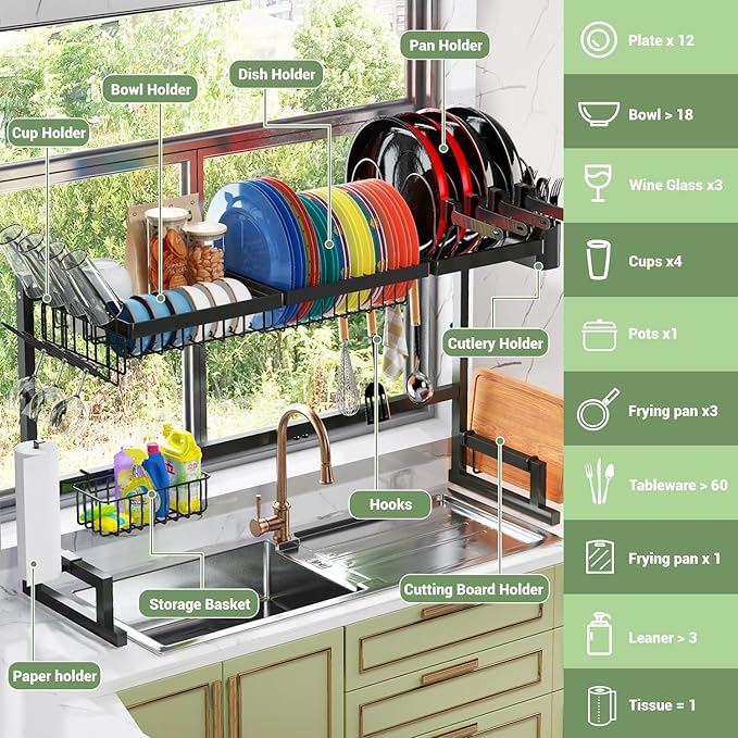 ADBIU Over The Sink (24"- 32.5" L) Dish Drying Rack (Expandable Dimension) Snap-On Design 2 Tier Kitchen Large Dish Drainer Counter Storage Organizer