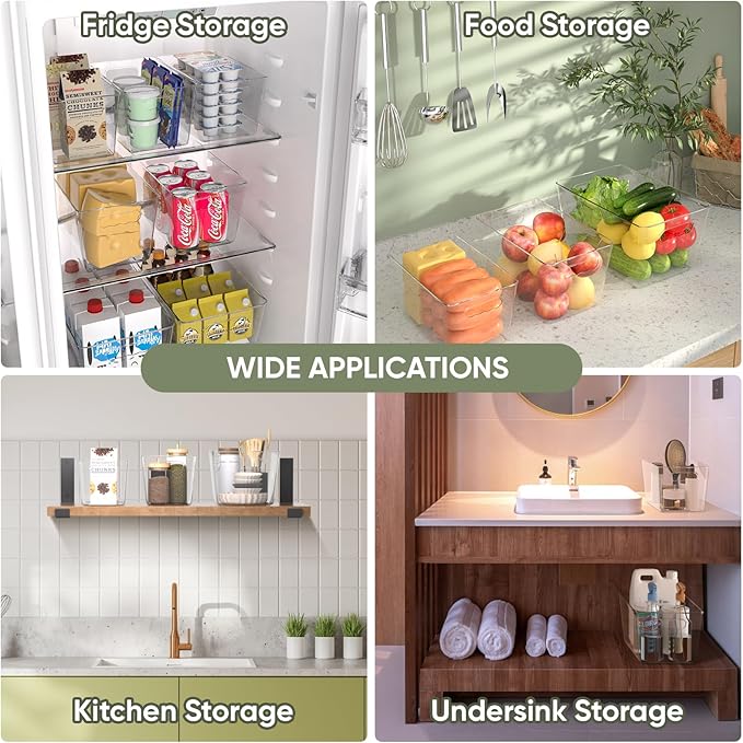 BALEINE Clear Plastic Storage Bins, Pantry Organization, BPA Free Stackable Refrigerator Organizers and Storage with Handles for Kitchen Fridge Cabinet Bathroom (4PK, 13x7.4x6.2)-NeatNest
