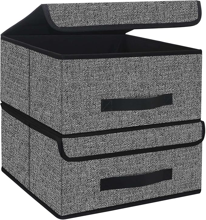 Onlyeasy Foldable Storage Bins Cubes Boxes with Lid - Storage Box Cube Cubby Basket Closet Organizer Pack of Two with Leather Handles for Closet Bedroom, 13"x13", Black, 8MXALB2P